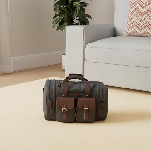 Image of Wildroad 50L Travel Duffel Bag, Expandable Canvas Genuine Leather Duffle Bag Upgraded Overnight Weekender Carry on Bag