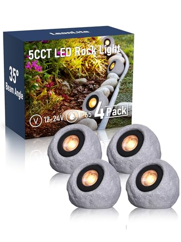 Image of LEONLITE 4-Pack 5CCT LED Rock Lights Outdoor, Round, Light Gray