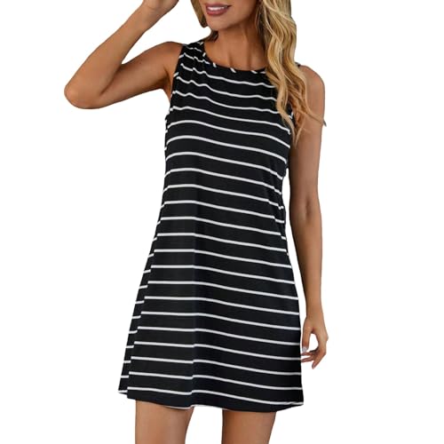Genérico Nueva falda a rayas casual casa Midi una línea falda suelta cuello redondo transpirable sin mangas vestido rojo mujer, Le Noir, M