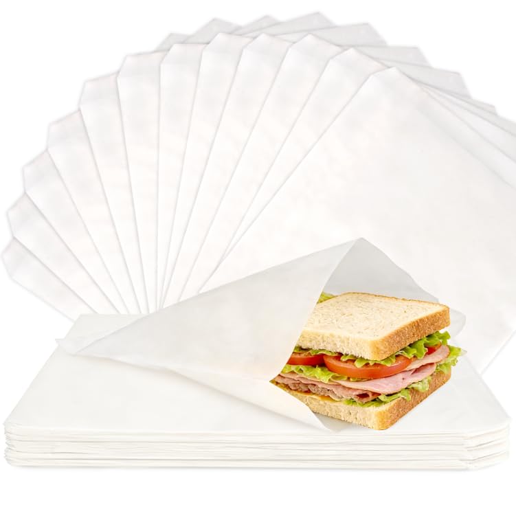 MAQIHAN 100 Paper Sandwich Bags - 8x8 Wax Paper Lunch Bags White Cookie Glassine Bags for Food Take Out Cookie Sleeves Food Packaging for Bread Toaster Bagel Pastry Treat Snack Soaps