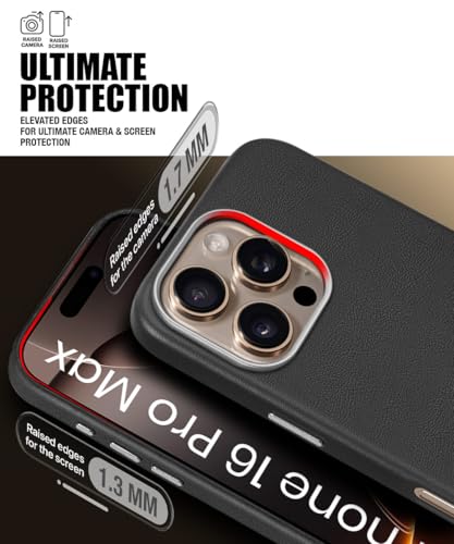 Image of WOW IMAGINE Back Cover for iPhone 16 Pro Max | Shockproof Tough Leather Texture Hard Mobile Case | Ultra Slim Non-Slip Grip | Inner Velvet Fabric | Metal Camera Ring - Black