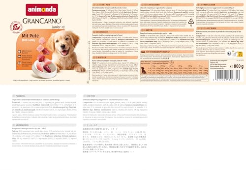 animonda GranCarno Junior mit Pute (6 x 800 g), Welpenfutter für Jungtiere, Nassfutter für Hunde mit 100% frischen, fleischlichen Zutaten, Hundefutter ohne Getreide