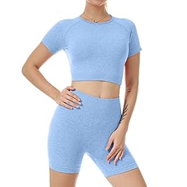 Nicytore Yoga Outfits for Women 2 Piece Set Tracksuit Seamless Short Sleeve Crop Top Workout Leggings Sportwear
