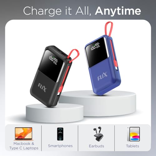 Image of FLiX (Beetel) UltraCharge XPB-P45 20,000mAh 45W QC Power Delivery PPS Power Bank, in-Built Type C & Lightning USB Fast Charging Cables, LED for Charging Percentage with Amp and Volt Display (Blue)