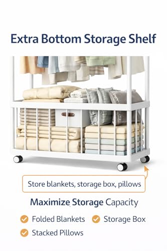 Image of Raawan Heavy Duty Double Rod Clothes Rack with Side Storage Shelves | Metal Garment Stand Organizer | Space Saving Cloth Hanger Stand for Bedroom, Living Room & PG (2 LAYER + BOX WHITE)