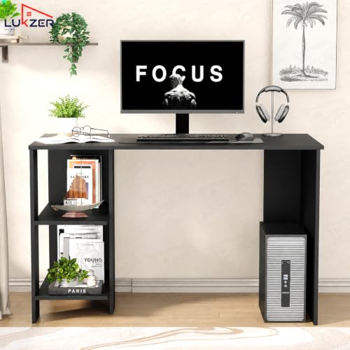 Image of Lukzer Engineered Wood Computer Desk with One Tier Shelves Laptop Study Table for Office Home Workstation Writing Modern Desk (ST-007 /Black / 100 x 50 x 77 cm)