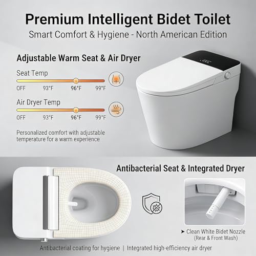 Inodoro Inteligente con Bidé, Sistema de Descarga con Bomba de Tanque, Asiento Calefactable, Lavado con Agua Tibia Instantánea, Sensor de Pie y Descarga Automática, Luz Nocturna LED, Pantalla de Temperatura Blanca, Sin Control Remoto miniatura 2