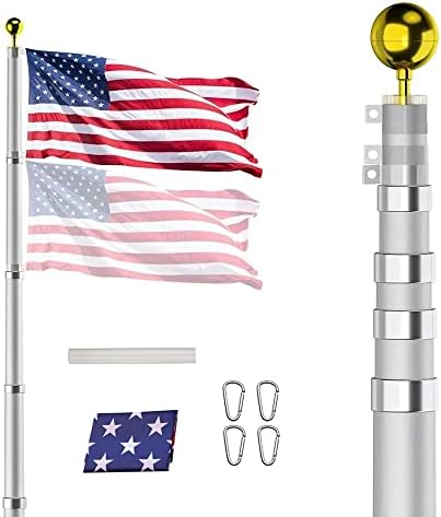 20FT Telescoping Flag Pole Kit, Heavy Duty 16 Gauge Aluminum Outdoor In Ground Flag Poles with 3x5 USA Flag, for Residential or Commercial,Garden,Yard Flag Poles