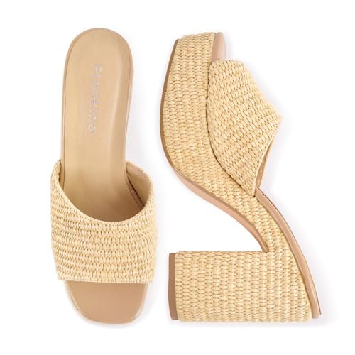 Image of Heeled Platform Sandals for Women 2025 Chunky Espadrille Wedge Summer Beach Sandals Straw Slip On Shoes