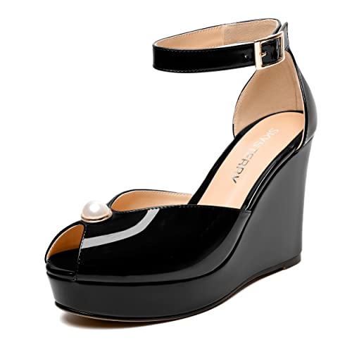 SKYSTERRY Womens Sexy Wedding Buckle Peep Toe Platform Patent Ankle Strap Wedge High Heel Pumps Shoes 4 Inch
