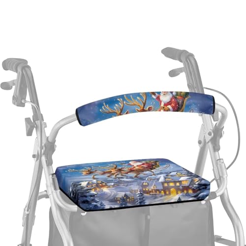 ASQVTIFE Christmas Santa Claus Rollator Walker Seat Covers for Seniors Christmas Decorations Reindeer Walker Seat and Backrest Covers Universal Rollator Walker Seat and Backrest Covers Dust Cover