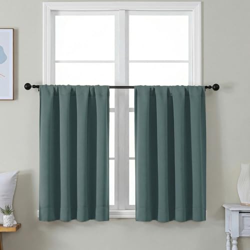 Image of Simplebrand Ava Dark Green Short 36 Inches Blackout Curtain 2 Panels Set, Half Window Rod Pocket Privacy Curtain Tiers for Kitchen, Curtains Blackout for Bathroom Shades, W40 x L36 Inch, Dark Green