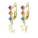 9k Gold Dangle Pendientes para Mujeres, aro con topacio de topacio de Amatista de la Luna Estrella citrina Dangle aretes para Mujeres Oro