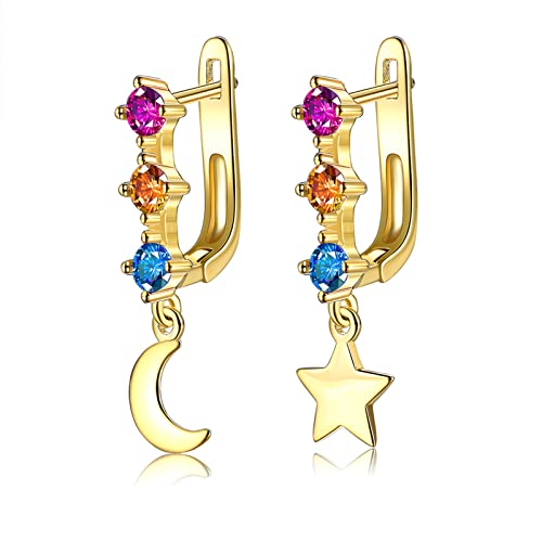 ZQHWYZ 9K Gold Dangle Earrings for Women, Hoop with Star Moon Amethyst Topaz Citrine Dangle Earrings for Women Gold
