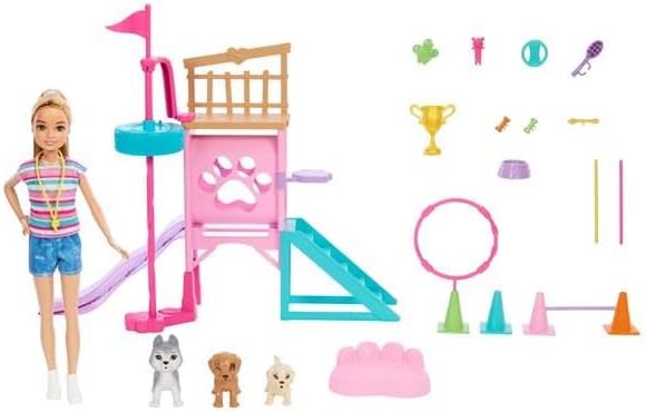 Miniatura 4 de Barbie Juego de carreras de obstáculos para cachorros con muñeca, 3 figuras de perro y accesorios, más de 20 piezas