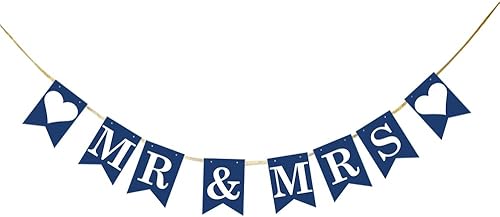 KUNGOON Cartel de fiesta de Mr & Mrs con banderines azules de primera calidad para decoración de bodas, despedidas de soltera.