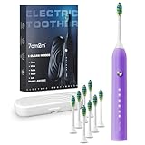 7AM2M Sonic Electric Toothbrush for Adults and Kids, with 8 Brush Heads and Travel Case,5 Modes with 2 Minutes Built in Smart Timer, One Charge Use for 90 Days, Rechargeable Toothbrushes (Purple)