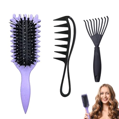 3-Piece Set Curly Hair Products, with Curl Defining Brush, Wide-Tooth Comb and Cleaning Tool, for Women and Men with All Curl Types, Daily Hair Care and Styling Essential