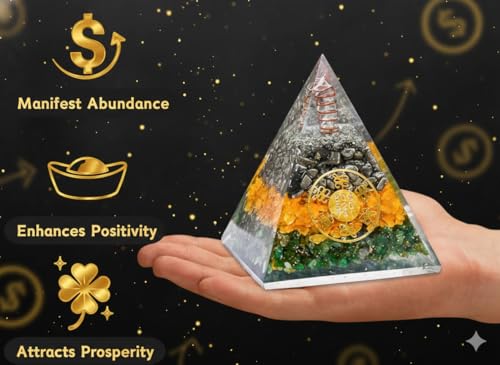 Image of Money Magnet Pyrite Pyramid for Home & Office | Pyrite Citrine Green Aventurine Vastu Pyramid with Zibu Symbol | Wealth Attraction Financial Growth Business Success & Positive Energy Decor