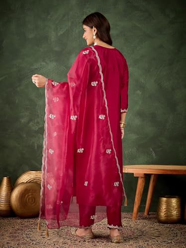 Image of VredeVogel Women's Ethnic Wear Embroidered Silk Blend Kurta Pant Set with Organza Dupatta | Festive & Casual Summer Kurti with Pants for Party Office & Ethnic Occasions