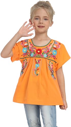 Image of YZXDORWJ Mexican Blouse for Girls Traditional Embroidered Summer Short Sleeve Peasant Blouse for Kids