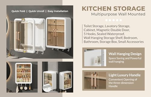 Image of Arto Wall Mounted Medicine Cabinet | Double Door Storage with Hooks | Waterproof Multipurpose Organizer for Home & Kitchen (White)