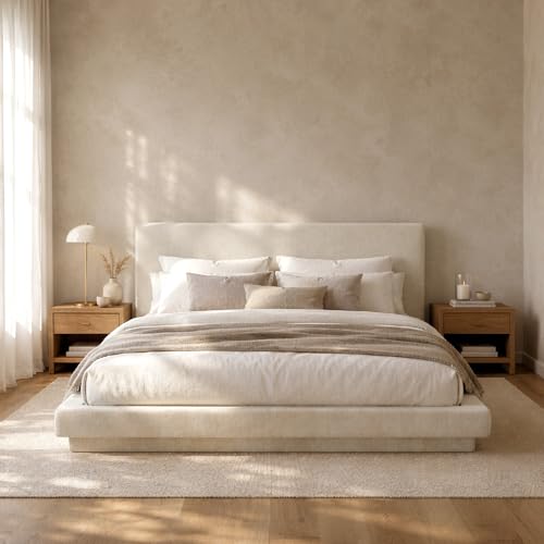 RECCI AirFrame Cloud Platform Bed Frame with Round Edge Headboard 5 Inch Foam Fully Cushioned Beige Chenille Upholstered Easy Assembly No Box Spring Needed (King (U.S. Standard))