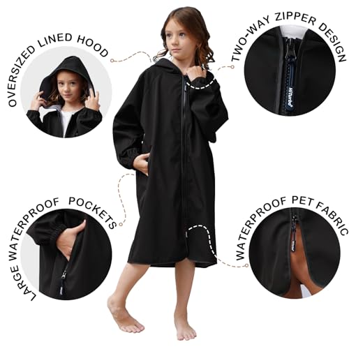 Hiturbo Kids Swim Parka: Waterproof Swimming Jacket Windproof Surf Poncho - Lightweight Hooded Swimmer with Quick-dry Changing Towel Lined - Boys Girls 7-12 Years3