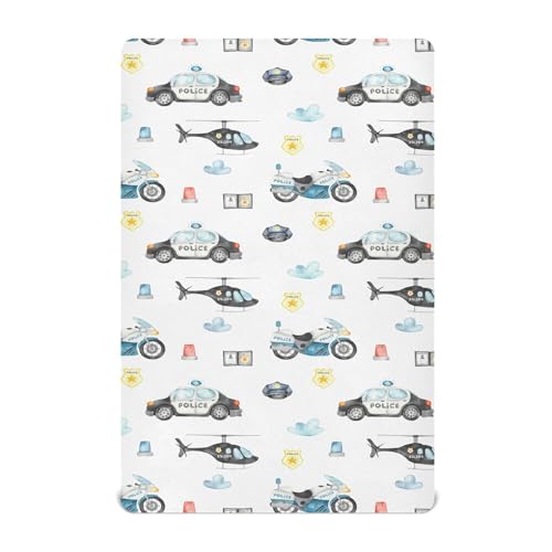 Image of Police Cars Plane Crib Sheets Soft Breathable Fitted Baby Crib Sheets Mattress Cover for Girl Boys, 52 inch x 28 inch x 9 inch