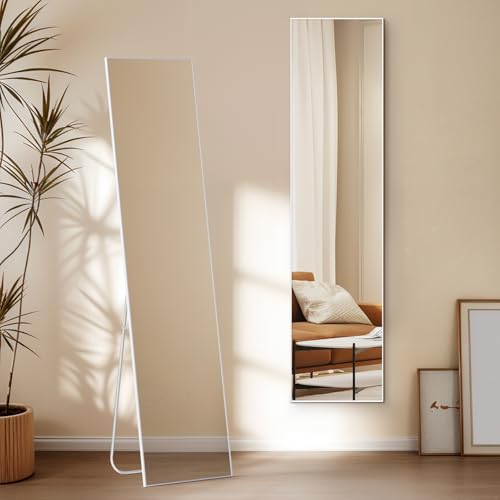 Warmiehomy 165x40cm Long Mirror Full Length Standing Rectangular Full Body Floor Mirror with Stand Hanging or Leaning Against Wall for Bedroom, White