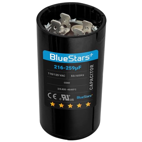 [UL Certified] BlueStars 216-259 uF MFD 110-125 VAC Round Start Capacitor CD60 Replacement Part - Fit AC Motor Run Fan Start, Cool or Heat Pump Air Conditioner, Lot -1 - Lifetime Up to 30.000 Hours