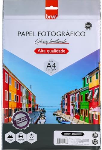 Papel Fotográfico Glossy Brilhante 120g com 20 Folhas, BRW