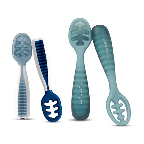 Image of NumNum Baby Spoons Set, Baby Essentials Pre-Spoon GOOtensils for 6+ Months, First Stage Self-Feeding Spoons for Baby Led Weaning (BLW), Silicone Toddler Utensils, BPA-Free, 4 Pack Blue