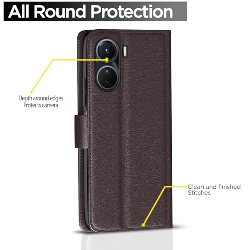 Image of Pikkme Vivo Y16 Flip Case Leather Finish | Inside TPU with Card Pockets | Wallet Stand and Shock Proof | Magnetic Closing | Complete Protection Flip Cover (Coffee)