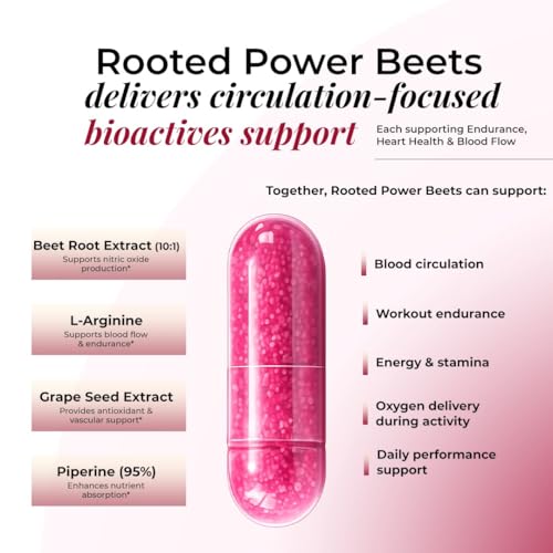 Image of Rooted Actives Power Beets Capsules | Boost Energy, Stamina & Blood Circulation | Nitric Oxide Support | With L-Arginine & Grape Seed | 60 Veg Caps