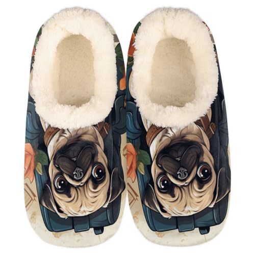 Funny Cute Pug House Slippers for Women Men, Dog Animal Fuzzy Soft Cozy Non Slip Slipper Socks