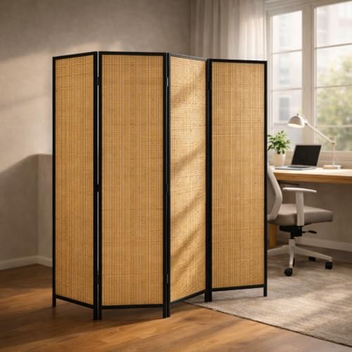 Emirates Living 4 Panel Bamboo Room Divider –Freestanding Privacy Screen, Natural Panel Partition for Bedroom, Living Room & Home Office, Beige-2, 200cm H x 180cm