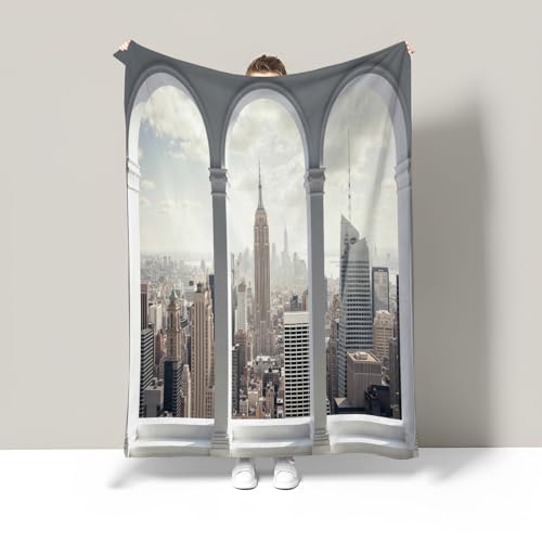 WunM Studio Kuscheldecke New Yorker Wolkenkratzer,Weiche 3D-Bogenlandschaft Decke,Flauschige Wohndecke für Sofa/Couch/Bett, Überwurfdecke mit Karomuster,grau,200 * 200cm