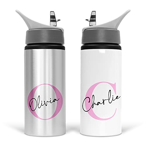 Print Maniacs Personalised Water Bottle School Sport Drink 600ml Leakproof Spill Proof Aluminium Hot Cold Flip up Kid Boys Girls Biking Gift Initial (Pink)