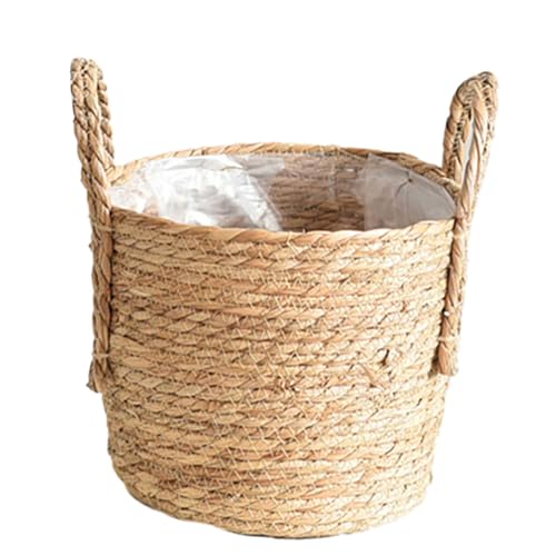Hqkfuybl Woven Straw Flower Pot, Sea-Grass Planter Basket, Wicker Rattan Vase Sundries Organizers Storage Bins, Hand Woven Basket Planter with Plastics Liners and Handle for Indoor Outdoor Plant