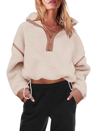 Panadila, Damen Fleece-Pullover mit halbem Reißverschluss, weich, warm und locker geschnitten, mit Taschen und kuscheligem Teddyfleece für hohen, Beige, S