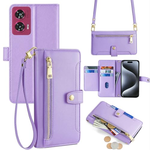 Étui Motorola Edge 50 Fusion avec portefeuille en cuir violet et 6 fentes cartes