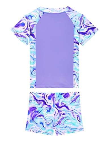 Image of Girls Swimsuit 2 Piece Rash Guard Set Short Sleeve Bathing Suits UPF 50+ Summer Beach Swimwear