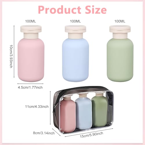 Image of MAYCREATE 3Pcs Flip-up Travel Bottles 100ML Travel Bottle Kit for Toiletries Dispenser with Storage Zipper Bag, Leaking Proof & Reusable, Fashion 3-Color Toiletry Bottles for Lotion Cream Shampoo
