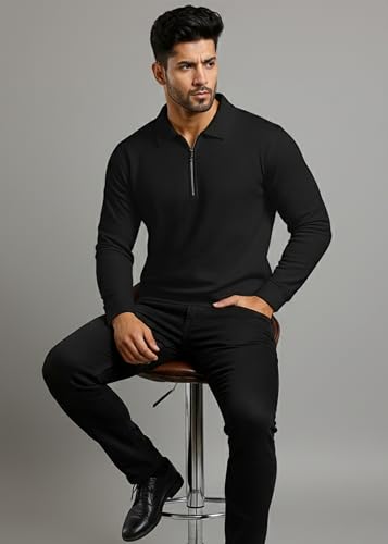 Image of Peppyzone Men's Full Sleeve Textured Polo T-Shirt with Collar | Stylish Chain Zip Tshirt for Man | Premium Polyester Lycra Stretch Fabric | Long Sleeve T Shirt for Men