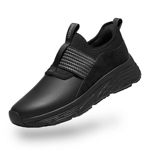 NINGO Non Slip Work Shoes for Men, Water & Oil Resistant Mens Slip on Sneakers, Comfortable and Convenient Slip Resistant Work Shoes for Men with Removable Insole, for Kitchen, Chef, Restaurant Black