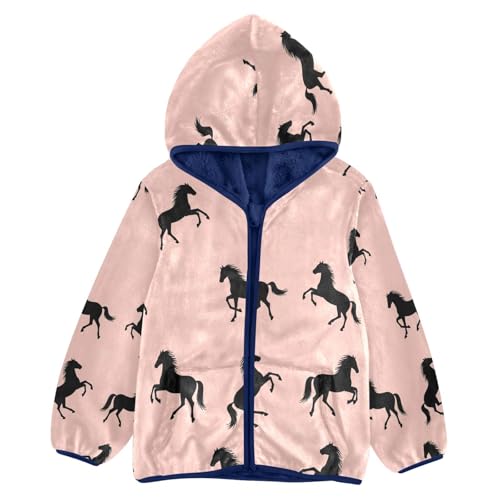 Black Horses on Pink Toddler Fleece Jacket Girl Boys Hooded Fleece Jacket Coat Warm Outwear Zip-up 3-10T