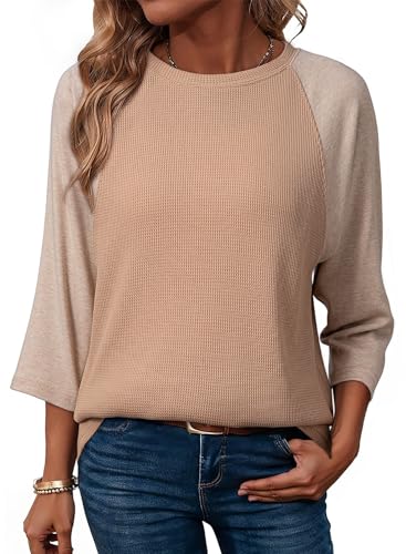 Image of Dokotoo Women's T-Shirts 3/4 Sleeve Womens Tops Waffle Knit Solid Color Crewneck Women Tee Shirt Fashion Casual Ladies Tshirts Top Basic Cute Tees Blouses Shirts Smoke Gray L