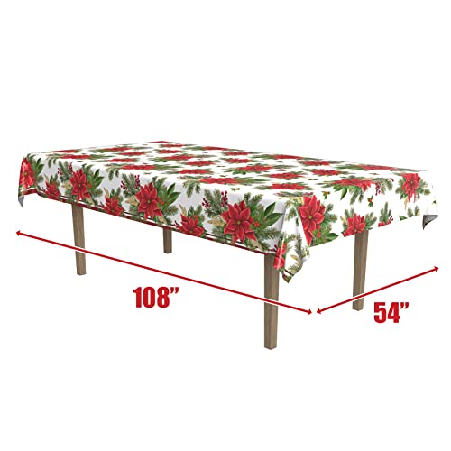 Image of Beistle Poinsettia Tablecovers, 54 inch x 108 inch, 2 Pieces - Plastic Table Cloth, Rectangular Tablecloth, Table Covers for Party, Holiday Party Supplies, Christmas Decorations