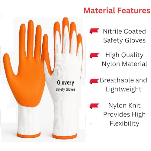Image of Nylon Safety Work Gloves with Nitrile Coating - Industrial-Grade Protection for Cleaning, Warehouse, Mechanics, Construction - Durable, Flexible, Non-Slip Grip (White & Orange, 10 Pair)